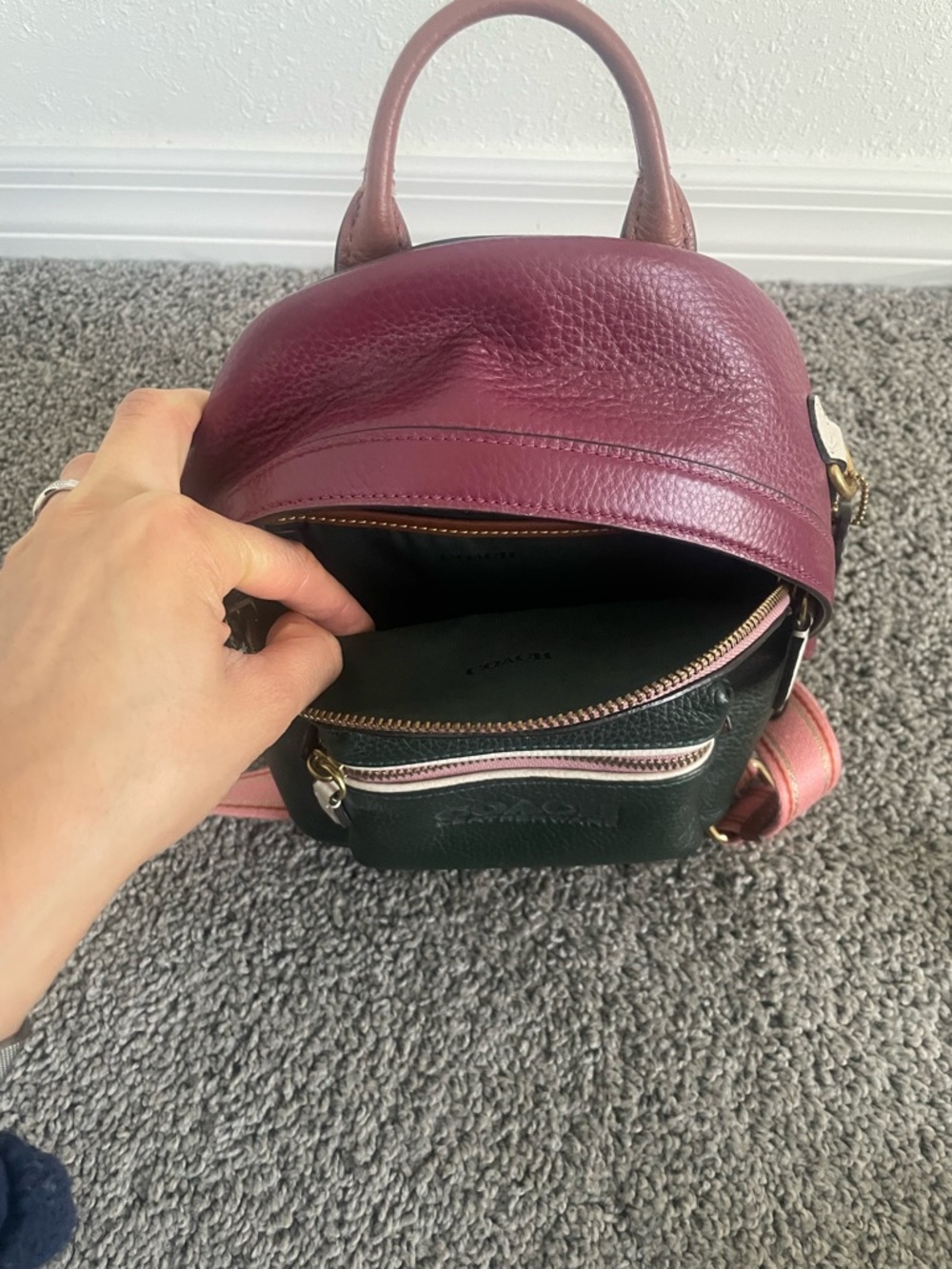 Coach Mini Backpack in Dark Green, Berry and Pink Strap - Picture 5 of 8